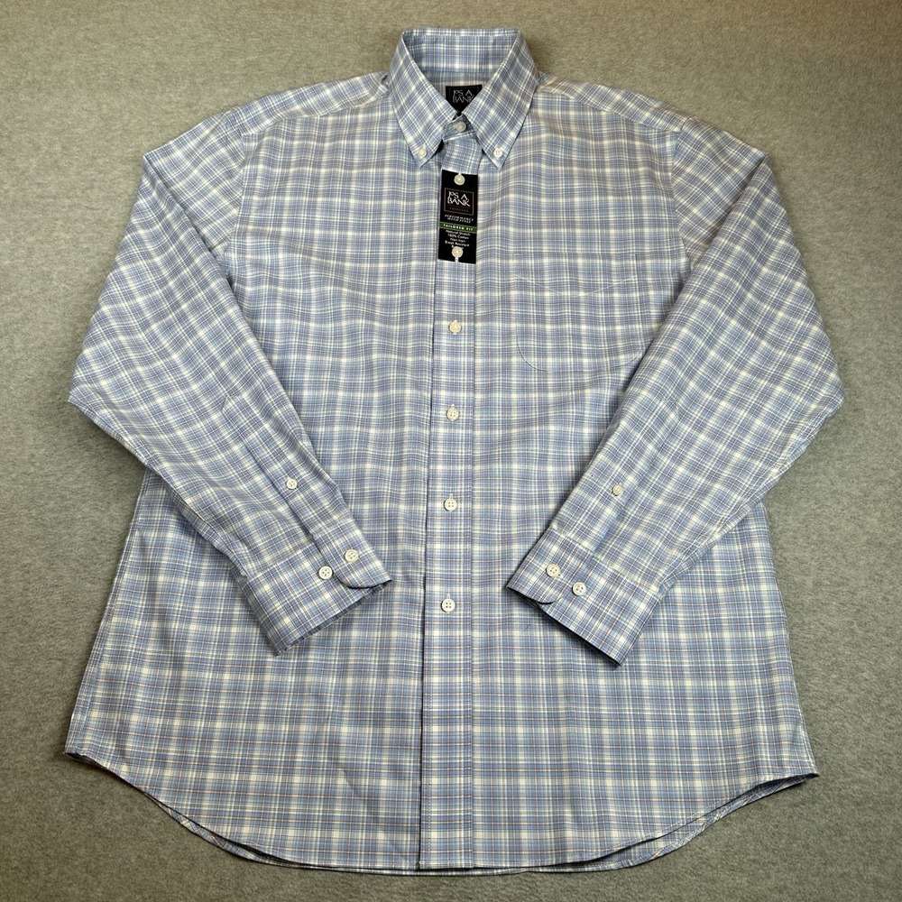 Jos A Bank Traveler Tailored Fit Shirt M Blue Plaid Cotton Non-Iron Long Sleeve